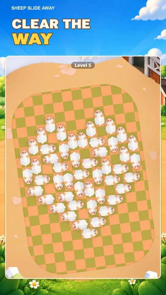 Gameplay: sheep arranged in a heart shape on the puzzle grid