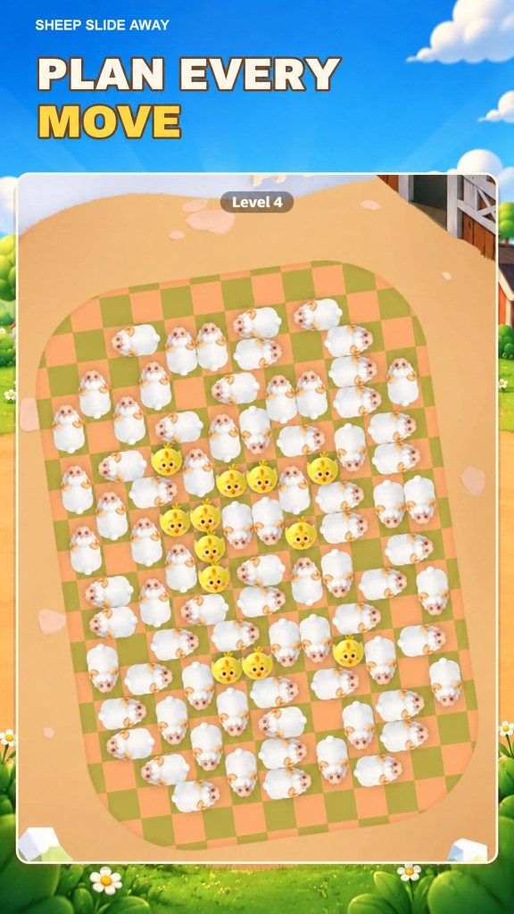 Gameplay: Level 4 board with sheep and chicks on a checker grid